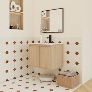 English Elm 24" Wall Mounted Bathroom Vanity Dark Oak Open Shelf Ceramic Sink Soft Close Door W3450P435843