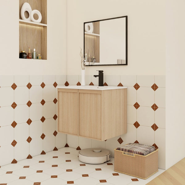 English Elm 24" Wall Mounted Bathroom Vanity Dark Oak Open Shelf Ceramic Sink Soft Close Door W3450P435843