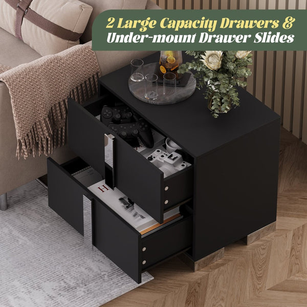 English Elm Modern Two Drawer Nightstand with Slim Metal Legs and Mirrored Bar Handles for Bedroom Black W5271P416540