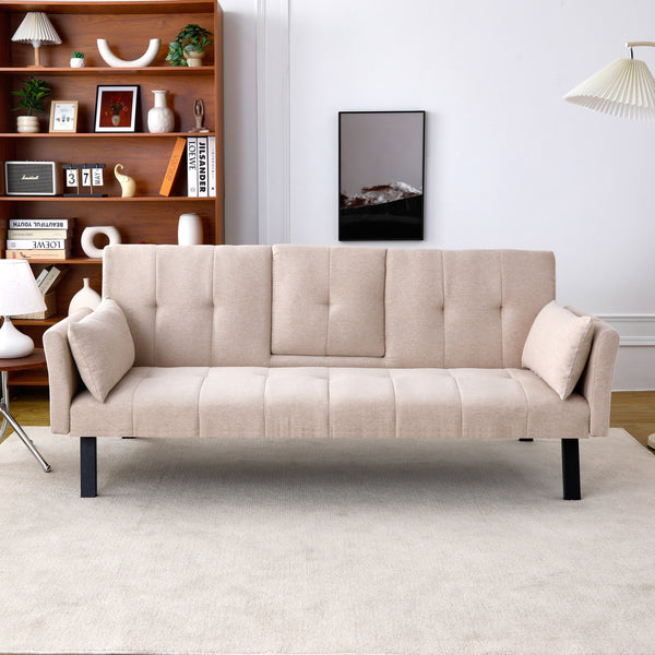 English Elm 70-inch Foldable Cotton Linen Sofa Bed with Cup Holder & Side Storage, Space-Saving 2-Seater Design Beige W3371P337197