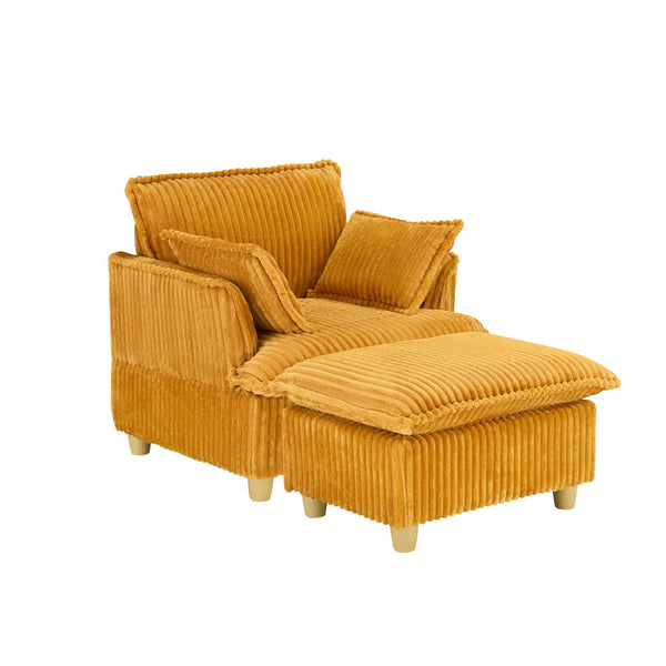 English Elm This single-seat corduroy sofa with ottoman and pillows — compact lounge chair for cozy reading nooks and naps Yellow W1658S00121