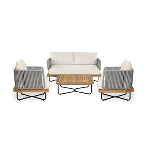 English Elm Christopher Knight Home® - Lucca Outdoor 4-Piece Acacia Wood & Rope-Woven Patio Set With Water-Repellent Cushions, Beige N773OC00017B