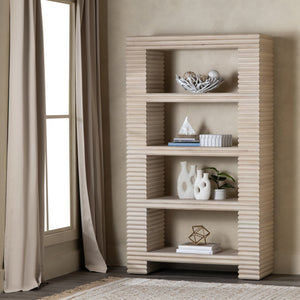 Crestview Collection Coastal Etagere Bookcase - Natural Bayur Wood Display Shelf With 4 Fixed Shelves For Stylish Storage Cream Solid Wood Cvfdr1227
