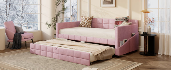English Elm Modern Velvet Twin Daybed with Pull Out Trundle and Built in Armrest Storage Pockets Pink SF000200AAH