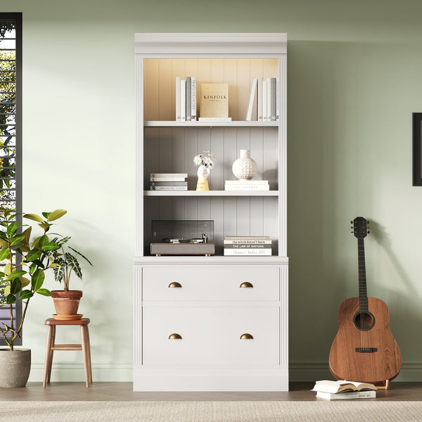 English Elm 83.4"Tall Modern Bookshelf With Led Lighting, 2 Drawers & 3 Adjustable Shelves For Stylish Storage Solutions N751S280594K