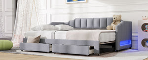 English Elm Twin Extendable Upholstered Daybed with Two Storage Drawers, LED Light, Slat Kit Included for Guests Gray N7500002061E