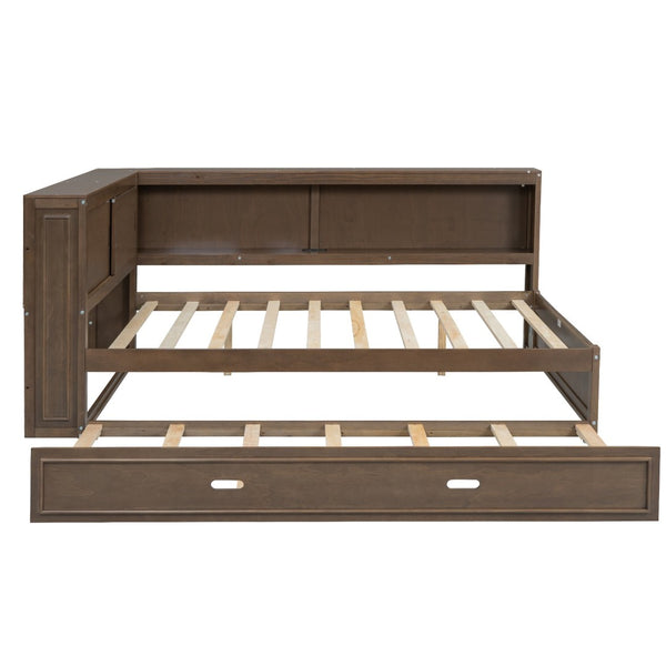 English Elm Full Pine Daybed with Trundle Sliding Storage Shelves Led Lighting and Usb Charging Wood GX004003AAD