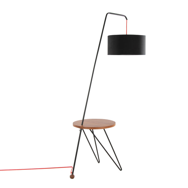English Elm Stork-Robyn Mid-Century Floor Lamp with Walnut Accent Table, Black Metal Frame & Black Linen Shade B202S01392
