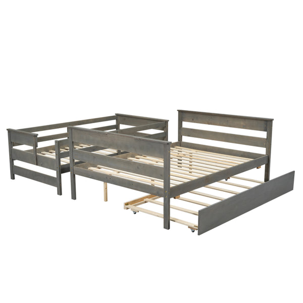 English Elm Wood Twin over Full Bunk Bed with Twin Trundle – Space-Saving Pine/MDF Triple Bed, Sturdy & Safe Design Grey GX000448AAE-1