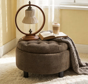 English Elm 25 Inch Round Fabric Pouf Ottoman with Removable Wooden Lid and Hidden Interior Storage Coffee W5568P461367