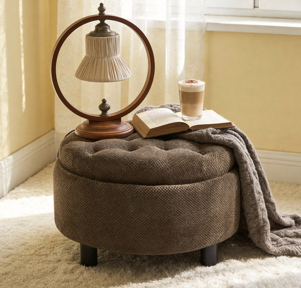 English Elm 25 Inch Round Fabric Pouf Ottoman with Removable Wooden Lid and Hidden Interior Storage Coffee W5568P461367