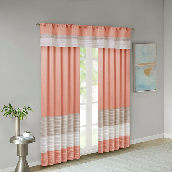 JLA Home Madison Park - Polyoni Pintuck Valance with Lined Color‑Block Stripes for Soft Light Diffusion and Tailored Texture Coral MP41-4376