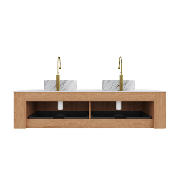 English Elm Dina 60" Wall-Mounted Bathroom Vanity With 2 Ceramic Sinks, Natural Woodgrain Finish & Ample Storage W2615S00493