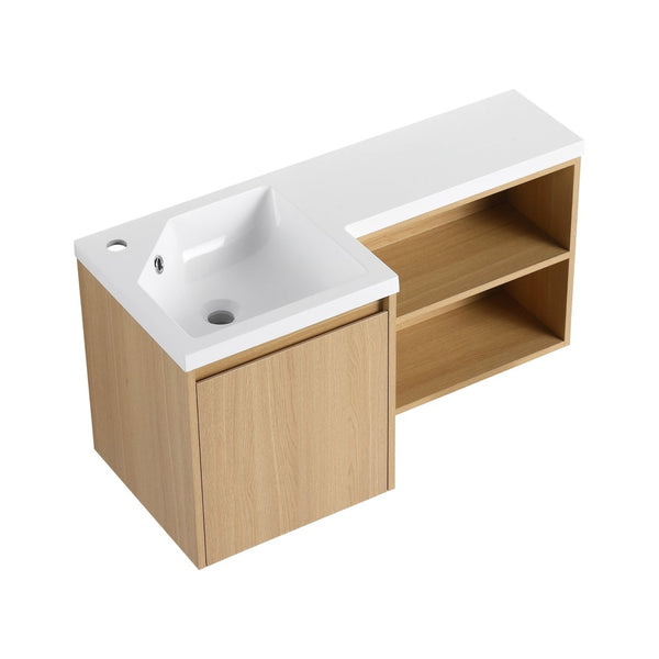 English Elm 36" Corner Wall Mounted Bathroom Vanity Light Oak Floating with Integrated Resin Sink W3450S00050