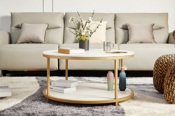 English Elm Round Coffee Table Antique Wood Finish Two Tier Open Shelf Modern Living Room White W1911P371884