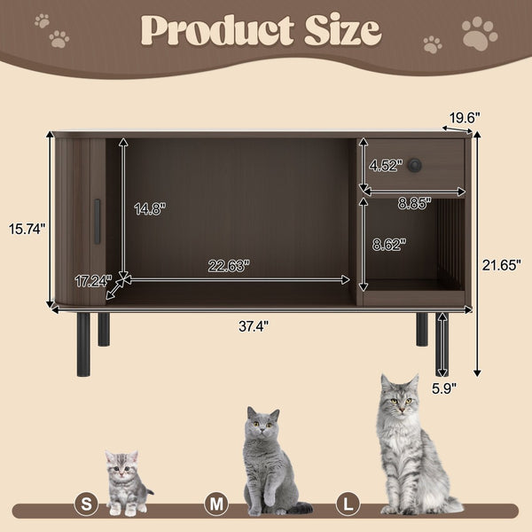 English Elm 37.4" Mdf Cat Litter Enclosure with Tambour Door Walnut Finish and Charging Station N704P380550D