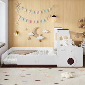 English Elm Full Size Car Shaped Kids Platform Bed with Storage Drawers Integrated Desk Pine Wood Light White W1580S00490