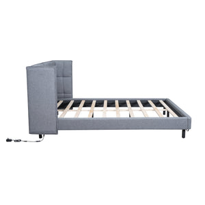 English Elm Queen Upholstered Platform Bed with LED Lights, U-Shaped Headboard, Linen Fabric, Sturdy Metal Legs Gray SF000151AAE
