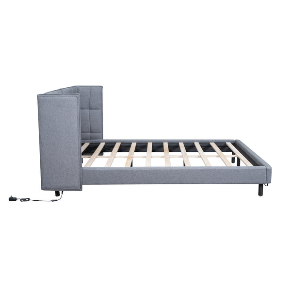English Elm Queen Upholstered Platform Bed with LED Lights, U-Shaped Headboard, Linen Fabric, Sturdy Metal Legs Gray SF000151AAE