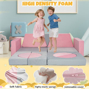 English Elm 15pcs Modular Toddler Play Couch Set Velvet Foam Fort Building Playroom Seating Pink+Grey T5880P493414