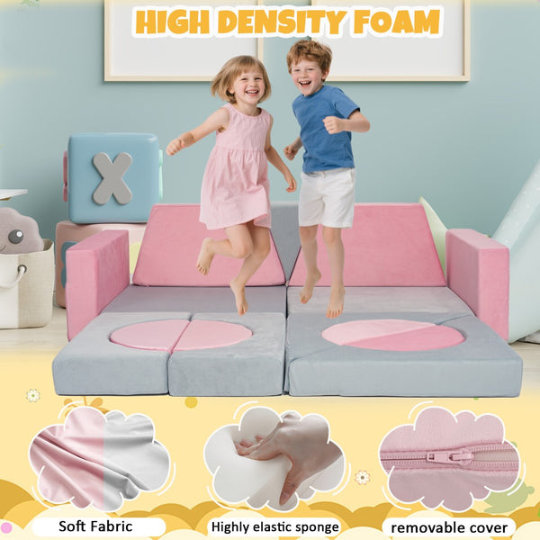 English Elm 15pcs Modular Toddler Play Couch Set Velvet Foam Fort Building Playroom Seating Pink+Grey T5880P493414