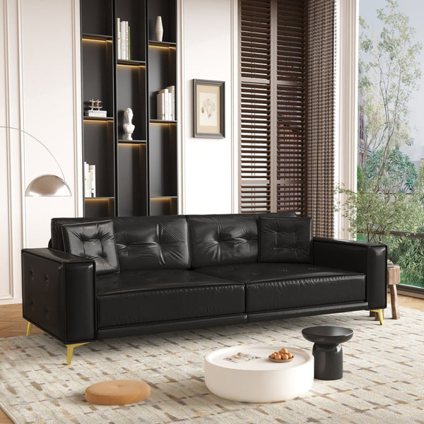 English Elm 92.1"king Faux Leather Convertible Sleeper Sofa Tufted 4 Seat Pull Out Living Room Couch Black W1885S00407