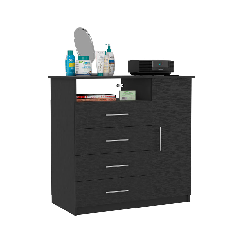English Elm 4 Drawer Dresser with Open Shelf and Single Door Cabinet, Engineered Wood, Spacious Storage Appeal Black 38 L x 23 W x 4 H B097S00107