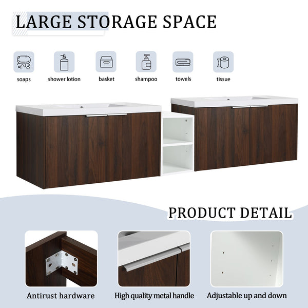 English Elm 84 Inch Wall Mounted Vanity with Dual Resin Sinks, Soft Close Doors, Metal Handles, Ample Storage Space California Walnut W999S00191