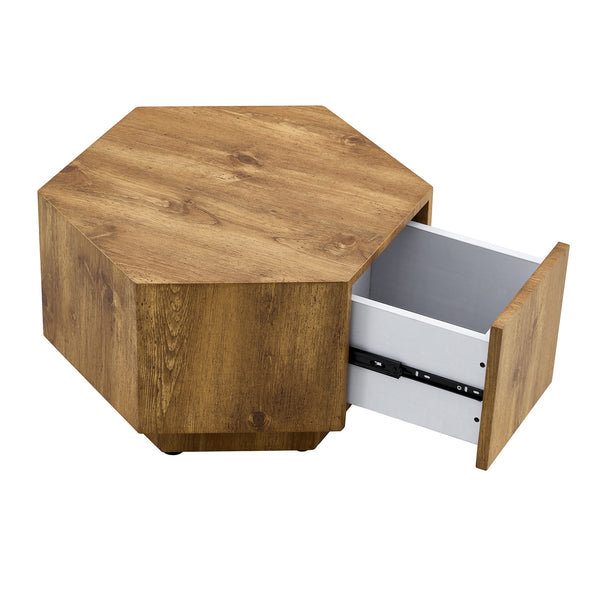 English Elm Simple MDF Hexagonal Coffee Table with Drawer, Wood Texture, Stable Anti-Slip Base, Easy Assembly - Stylish Living Room Accent W1512P410546