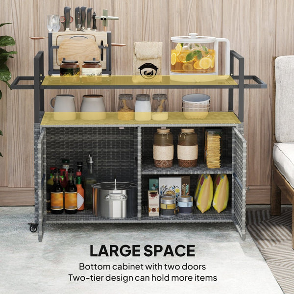 English Elm Outsunny Pe Rattan Outdoor Bar Cart with Glass Top Cabinet and Rolling Wheels W2225P485562