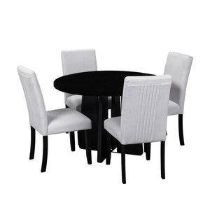 English Elm 5-Piece Round Dining Set with 43" Modern MDF Table and 4 Upholstered Fabric Chairs for Compact Spaces Beige+Black N752S001055A