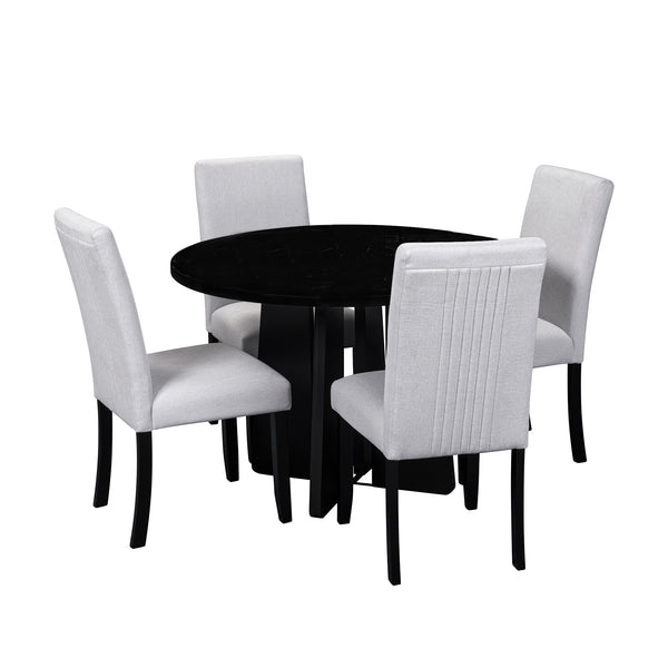 English Elm 5-Piece Round Dining Set with 43" Modern MDF Table and 4 Upholstered Fabric Chairs for Compact Spaces Beige+Black N752S001055A
