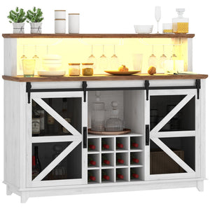 English Elm Coffee Bar Cabinet with Sliding Barn Doors Wine Rack and Led Lighting Farmhouse Style T3971P397429