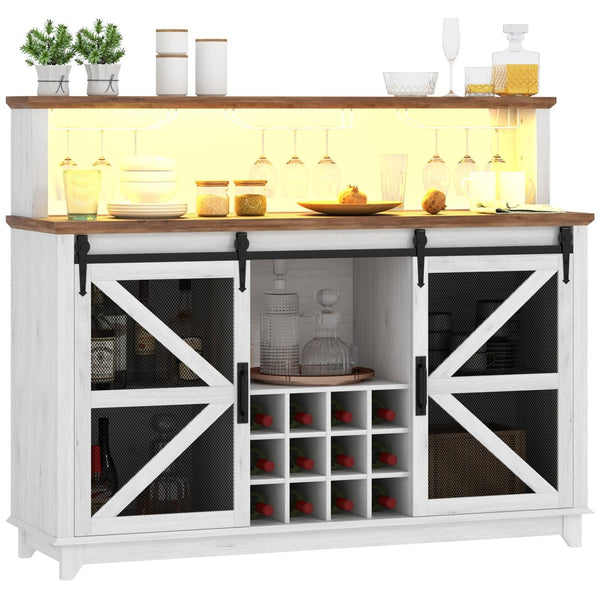 English Elm Coffee Bar Cabinet with Sliding Barn Doors Wine Rack and Led Lighting Farmhouse Style T3971P397429