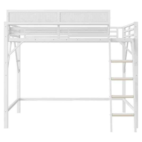 English Elm Queen Metal High Loft Bed with Storage Shelf and Ladder for Teens Small Spaces W2580P351278