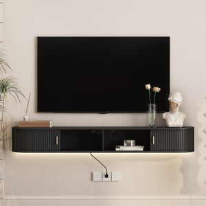 English Elm Floating Wall Mounted Media Console with Led Backlighting Mid-century Curved Design Black W1321P476924