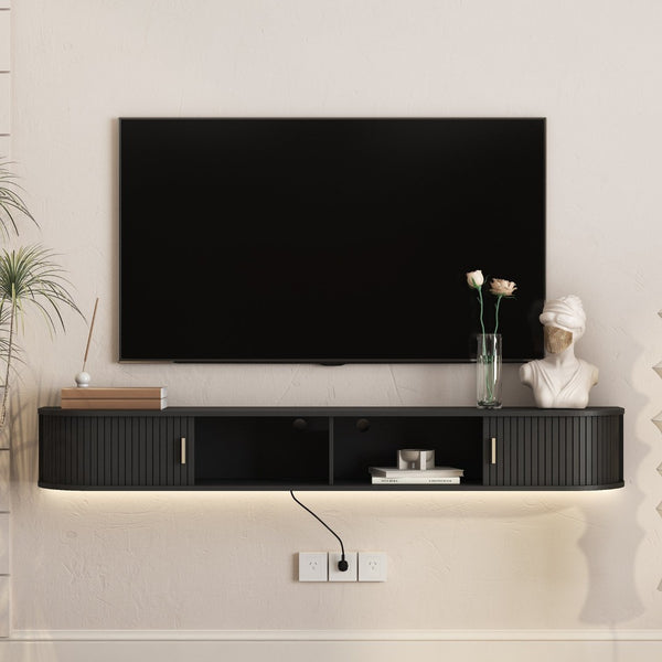English Elm Floating Wall Mounted Media Console with Led Backlighting Mid-century Curved Design Black W1321P476924