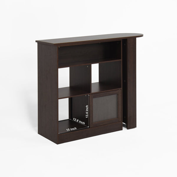 English Elm Modern Bar Cabinet Walnut with Rotating Top, Counter-Height Storage, 6 Shelves & Ribbed Glass Doors W409P167484