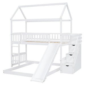 English Elm Twin Over Full Bunk Bed Playhouse Frame with Slide Staircase and Storage Drawers LT100129AAK