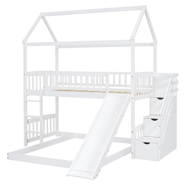 English Elm Twin Over Full Bunk Bed Playhouse Frame with Slide Staircase and Storage Drawers LT100129AAK