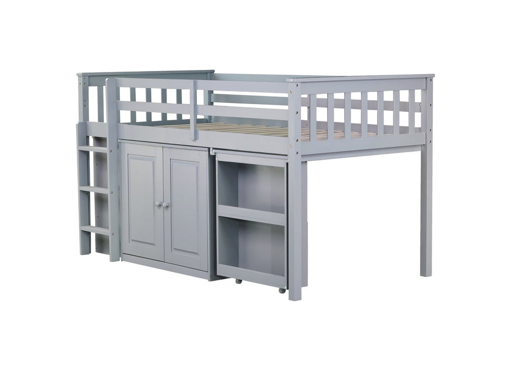 English Elm Twin Loft Bed With Pull-Out Desk, Storage Cabinets & Safety Guardrail - Stylish Grey Rubberwood Design W504S00256-GIGA