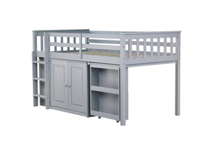 English Elm Twin Loft Bed Rubberwood Frame Pull Out Desk Storage Cabinet and Shelf Kids Room Grey W504S00287