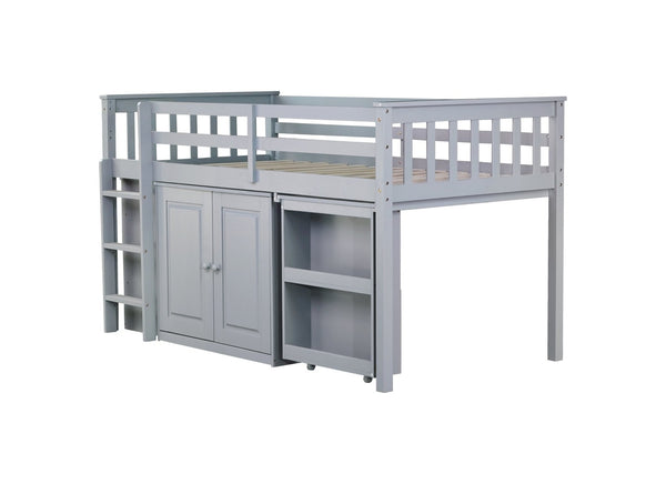 English Elm Twin Loft Bed Rubberwood Frame Pull Out Desk Storage Cabinet and Shelf Kids Room Grey W504S00287