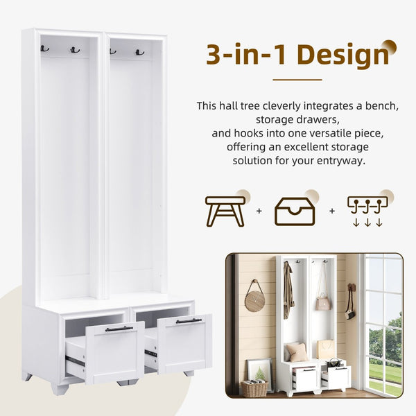English Elm On-Trend Elegant Hall Tree Set Of 2 - 3-In-1 Entryway Coat Rack With Bench, Drawers & Hooks, White N721P249242K-GIGA