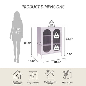 English Elm Luna Short 2-Door Metal Accent Cabinet with Oval Fluted Glass Doors, 3 Shelves, Modern Storage Solution B2733P385746