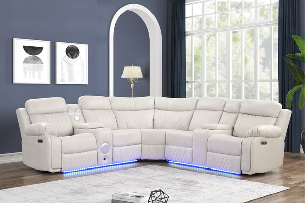English Elm Lacrosse Power Reclining Sectional with Bluetooth Speakers, LED Lighting, USB Ports & Console Comfort Beige B009S01431