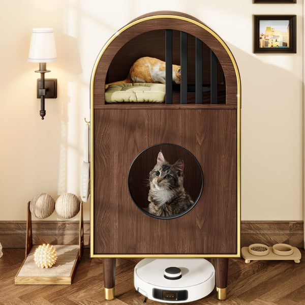 English Elm Cat Litter Box Enclosure Two Level Mdf Condo with Wood Grain Modern Espresso Finish N704P380552P