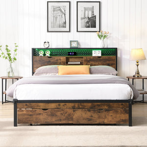 English Elm Queen Metal Platform Bed Frame with Wooden Headboard & Footboard, USB/Outlets, LED Remote, 2 Drawers, 600LB Limit, Black-Brown W2297P236942
