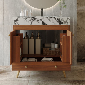 English Elm Mid-century Freestanding Bathroom Vanity Faux Marble Ceramic Sink Gold Legs Storage W3136S00067