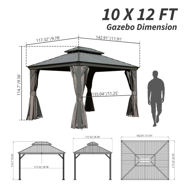 English Elm 10' X 12' Hardtop Gazebo - Upgraded Metal Canopy With Drainage, Dual-Layer Roof & Insect Netting! W1859S00135
